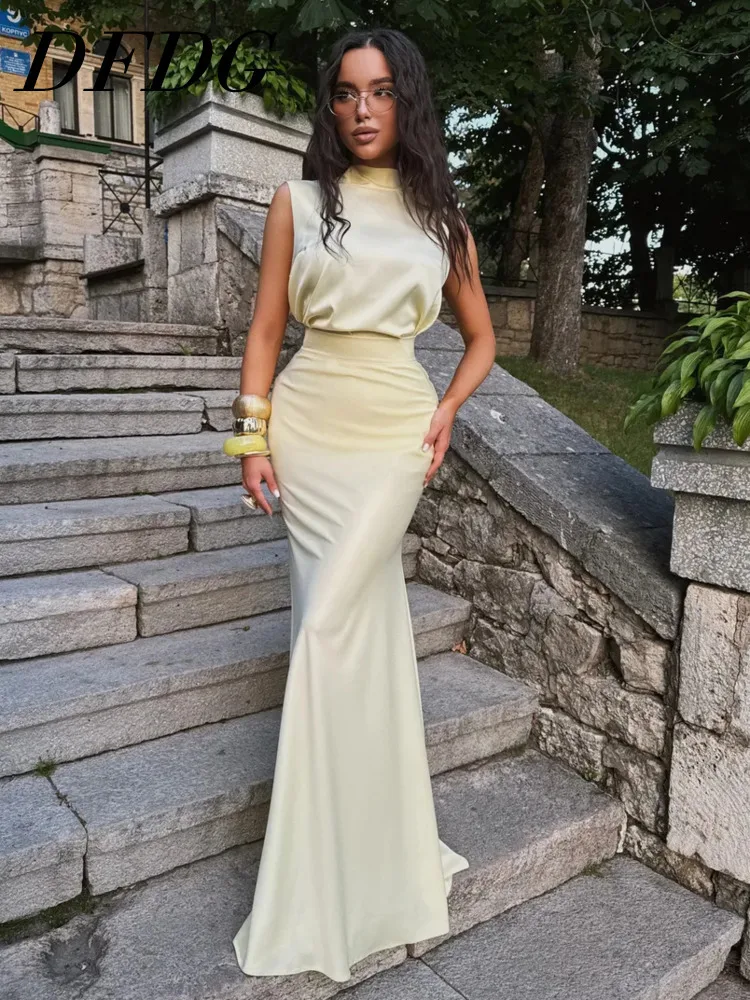 

DFDG Women's Spring Summer Stand Collar Fitted Satin Mermaid Dress Set Elegant Formal Party 2026 Trendy Feminine Fashion Set