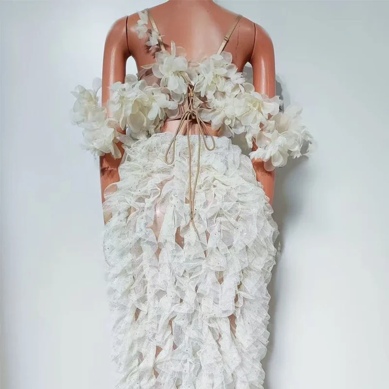 Stage Wedding Outfit White Flower show Trailing Dress Women Celebrate Evening Dresses Sexy Pole Dance Costume
