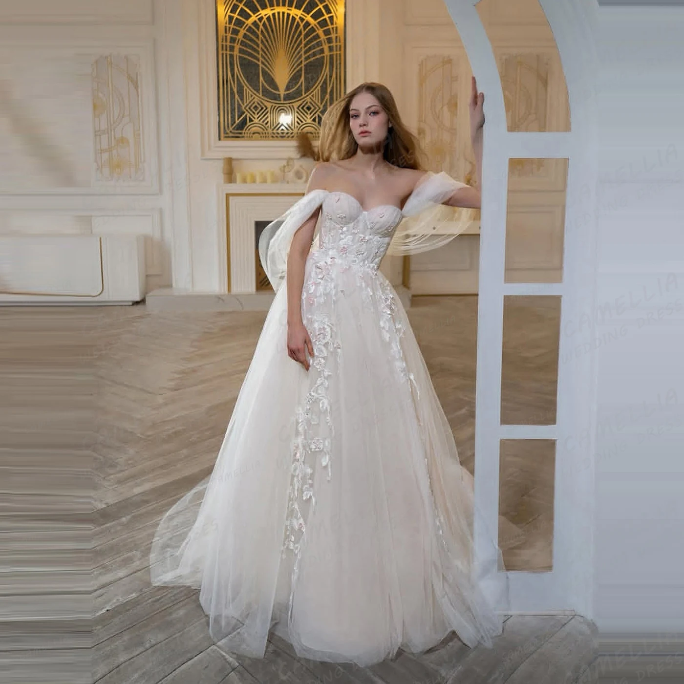 

Кружевные свадебные платья в стиле бохо, женские сексуальные свадебные платья трапециевидной формы без рукавов с открытыми плечами, пышный тюль, Vestidos De Novia по индивидуальному заказу