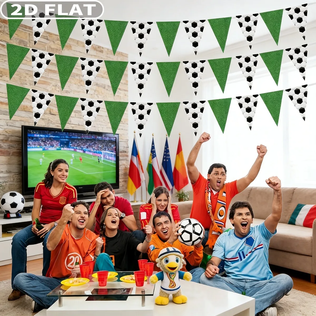 2D FLAT 36pcs Soccer Hanging Ornaments Party Decor Pennant Banner Theme Triangle Flags Garland Bunting Banner  5.51x7.87 Inch