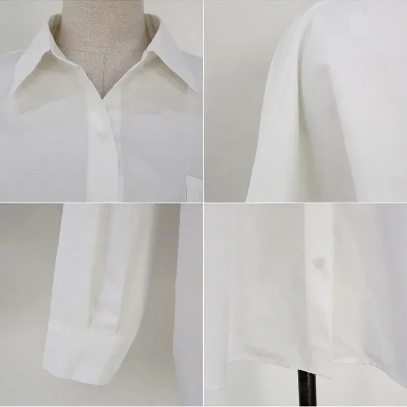 2025 moda nueva camisa de manga larga de algodón de talla grande para mujer, blusas holgadas informales blancas elegantes para oficina, Tops con cuello vuelto