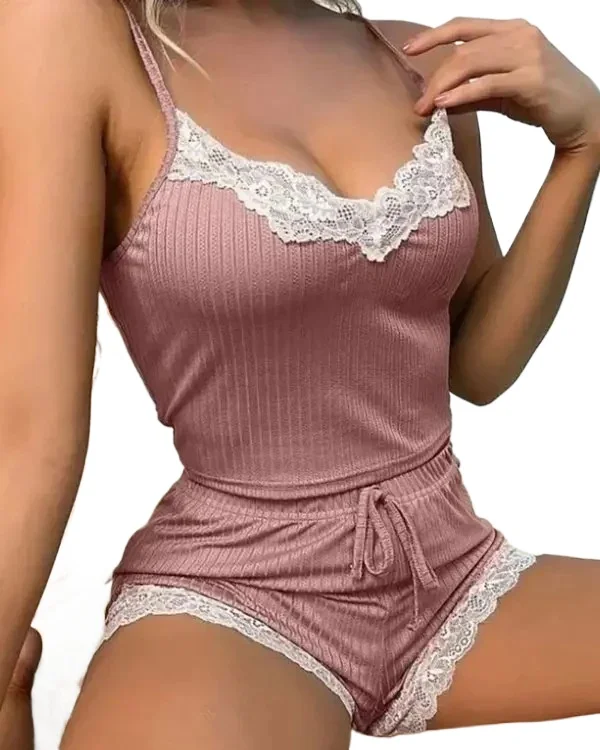 Conjunto de pijama de encaje para mujer, ropa de salón europea y americana, sexy, ombligo expuesto, chaleco halter con tirantes, pantalones cortos, nuevo