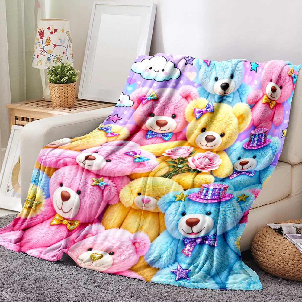 1PC Cute Teddy Bear and Star Print Blanket-Made of soft, fluffy flannel, perfect for a sofa, bed or lounge chair. Home decoratio