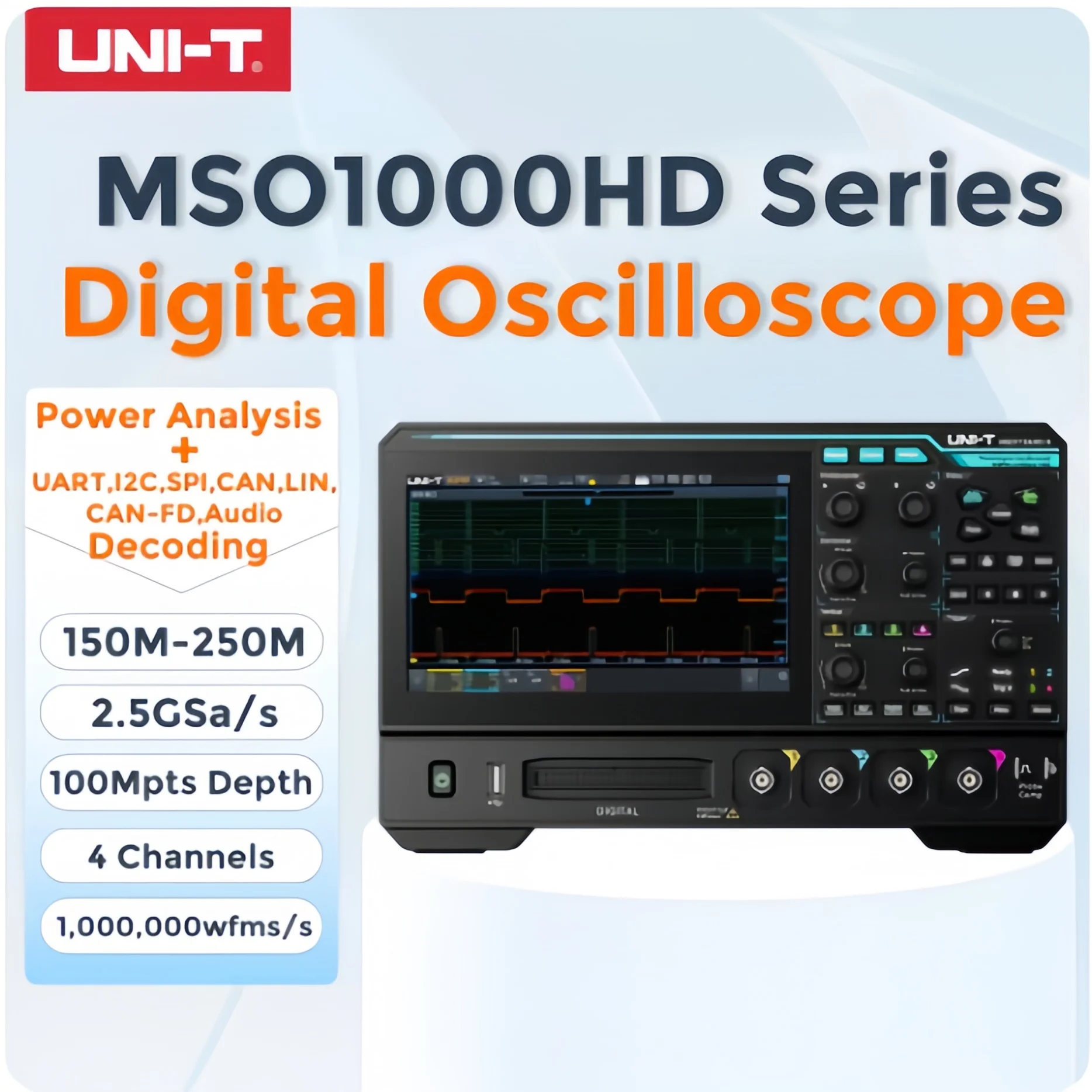UNI-T MSO1000HD-S 12bit High-Res Oscilloscope | 150M/250MHz 4CH 2.5GSa/s | Bode plot Analyzer&CAN-FD, LIN, UART,I2C,SPI