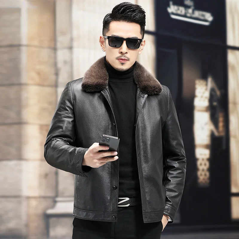 

Genuine Leather Jacket Men’s Cowhide Calfskin 90% White Duck Down Linner Coats Men Mink Fur Collar Winter Jackets 2024 Abrigos