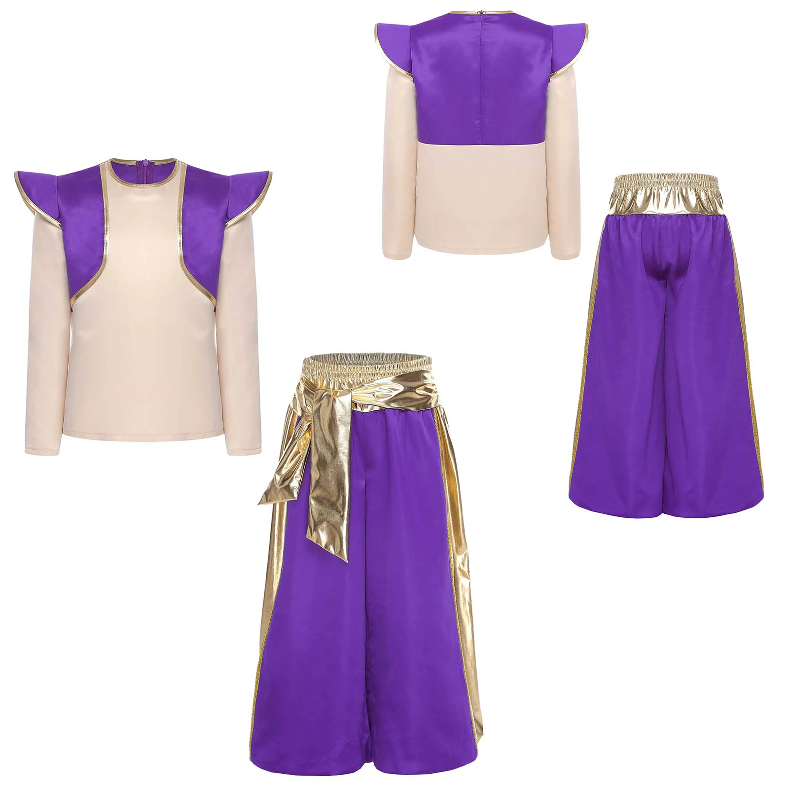 

Kids Boys Arabian Prince Lamp Elf Cosplay Outfit Long Sleeve Shirt Tops with Shiny Harem Pants for Halloween Carnival Party Wear