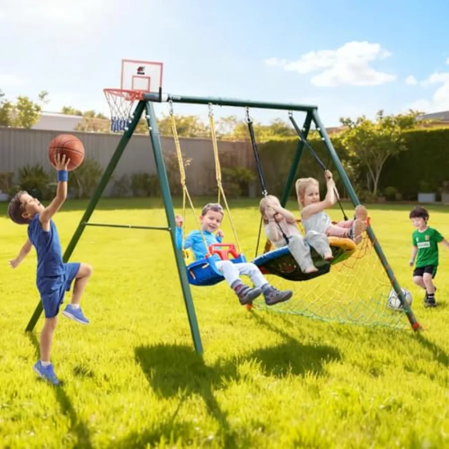 

Многофункциональный игровой комплекс 7-в-1: качели-тарелка, качели-кресло, прочная металлическая рама, баскетбольное кольцо и футбольные ворота для малышей
