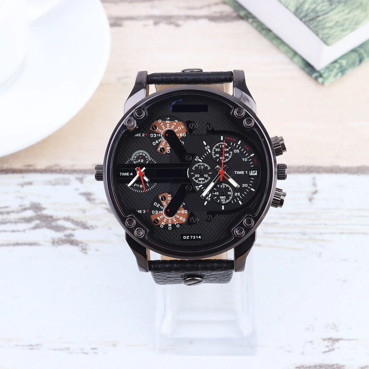 Relógio de pulso masculino com mostrador grande, relógio de pulso elegante em pu, preto, dois movimentos, calendário, presente para amigos masculinos