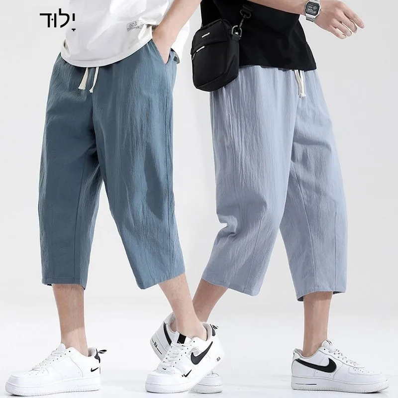 Men's Summer Thin Cotton Linen Sporty Casual Loose Wide Leg Nine-Foot Pants Harlan Style Elastic Waist mid Waist Youthful