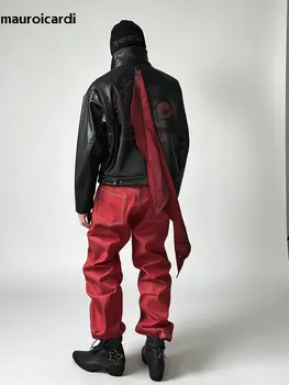 Mauroicardi Spring Autumn Short Black Printed Embroidered Pu Leather Jacket Men with Detachable Red Ribbon Zipper Cool Clothes 6 Mauroicardi Spring Autumn Short Black Printed Embroidered Pu Leather Jacket Men with Detachable Red Ribbon Zipper Cool Clothes 6