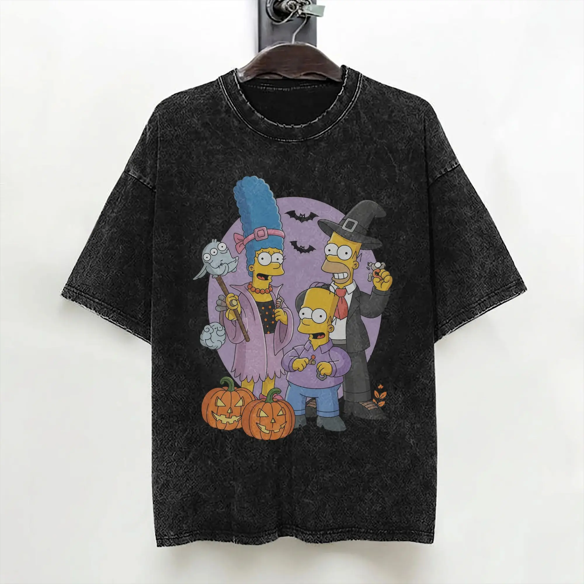 Cartoon S-Simpsons Halloween T Shirts Washed Cotton Oversize T-Shirt  Novelty Men Women Streetwear Graphic Printed Tee Shirt