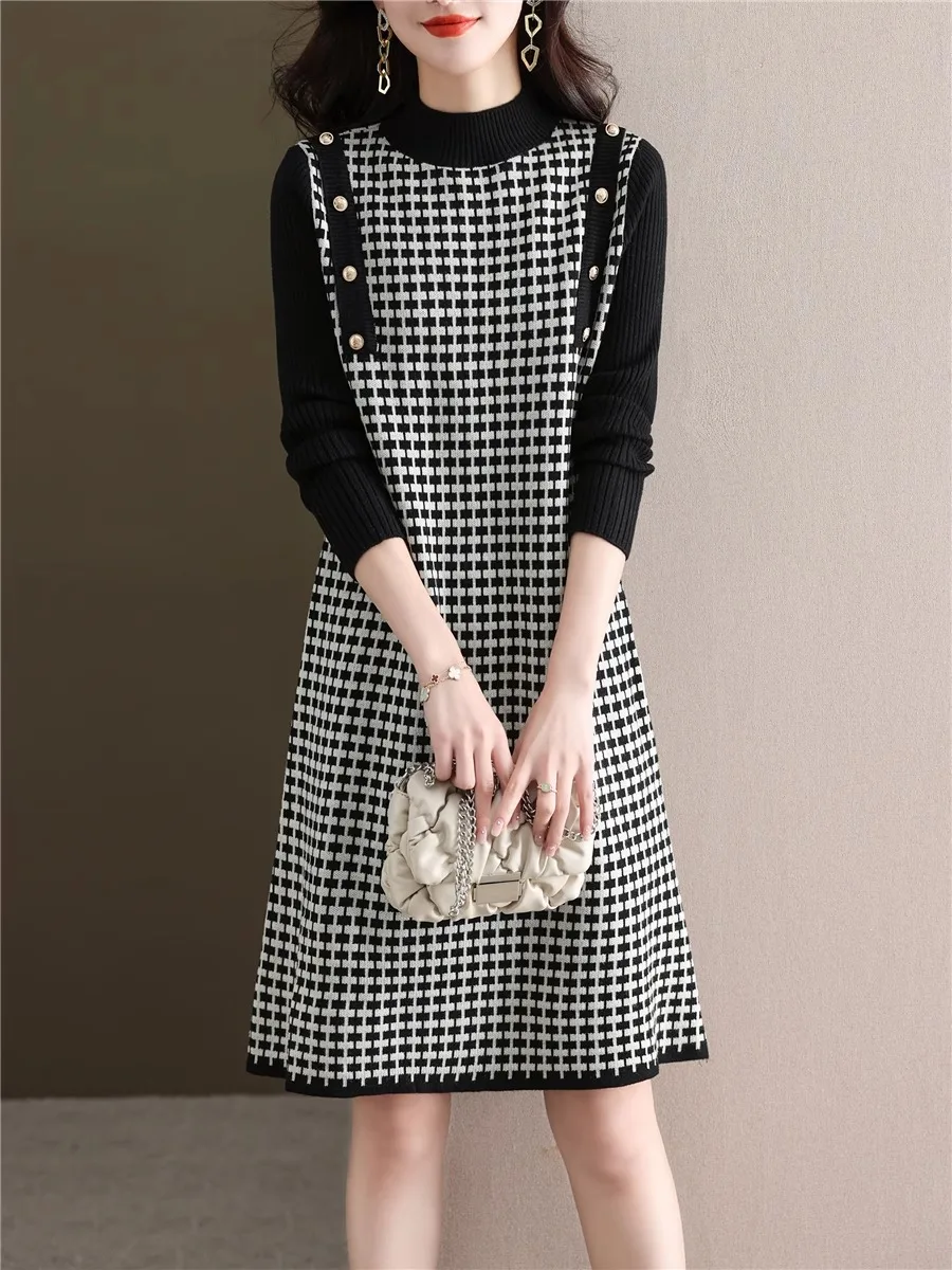 Camisola de malha feminina dr outono inverno novo sle xadrez midi dr camada base outerwear casaco saia combinando