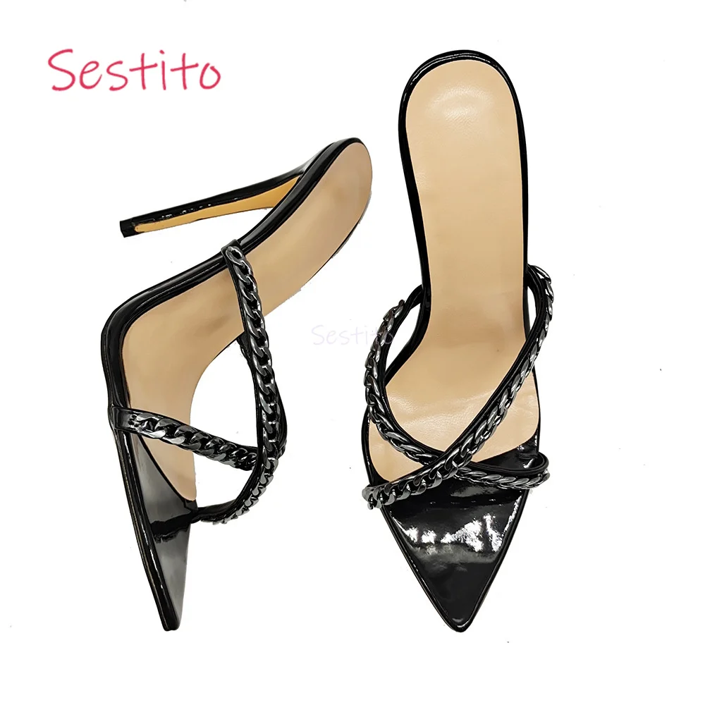 

Black Stiletto High Heels Summer Sexy Fashion Gun Cross Chain Design Pointed Simple and Comfortable Cool Party Shoes