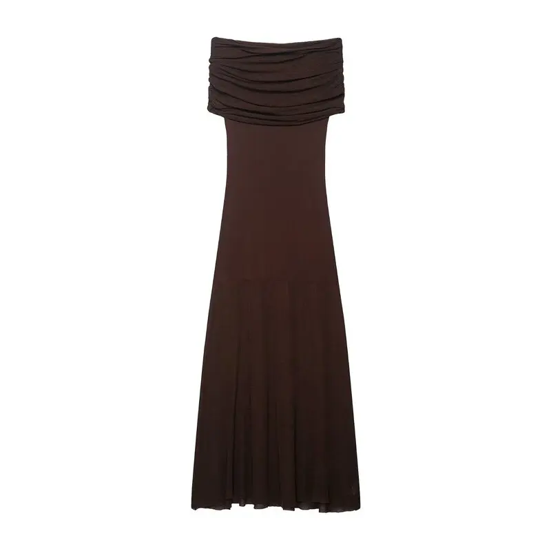 E Vestido Largo de Punto, Nuevo Otoño 2025, Moda Femenina, Hombro Caído, Casual, Manga Corta, Otro Material 00%