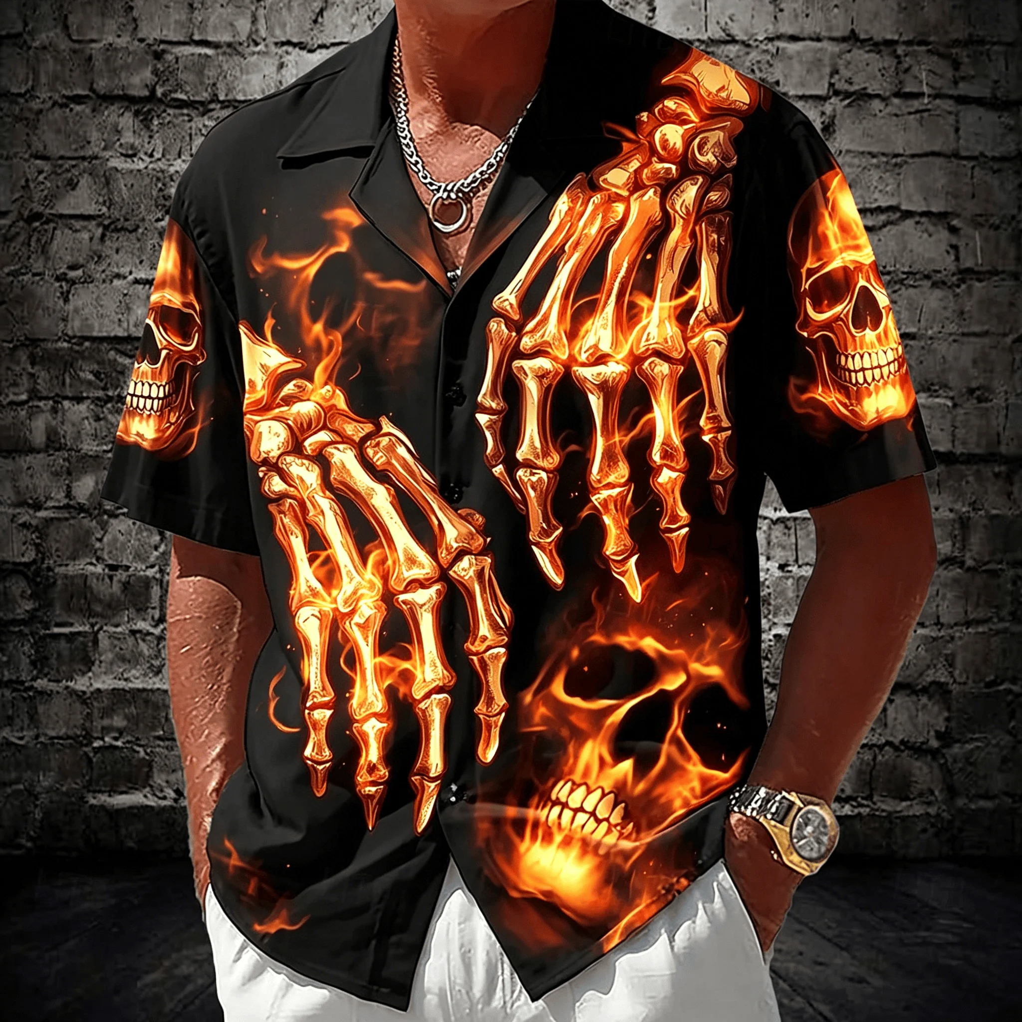

Men's Fire Skeleton Hand Skull Print Short Sleeve Shirt, Gothic Style for Spring and Summer