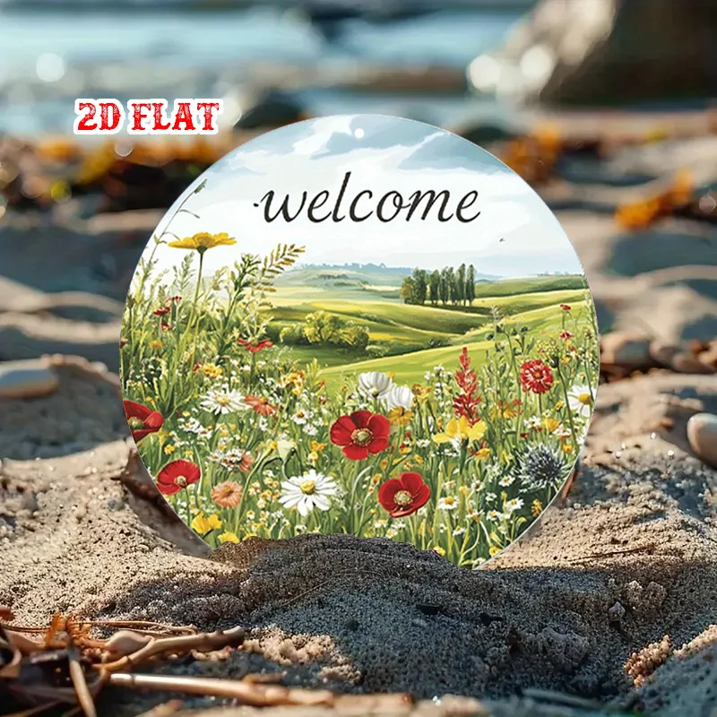 2D Flat, 1pc Rustic Round Metal Wall Art Sign - Vintage Floral Meadow & Design with Welcome Greeting, 19.81x19.81cm, Durable Iro