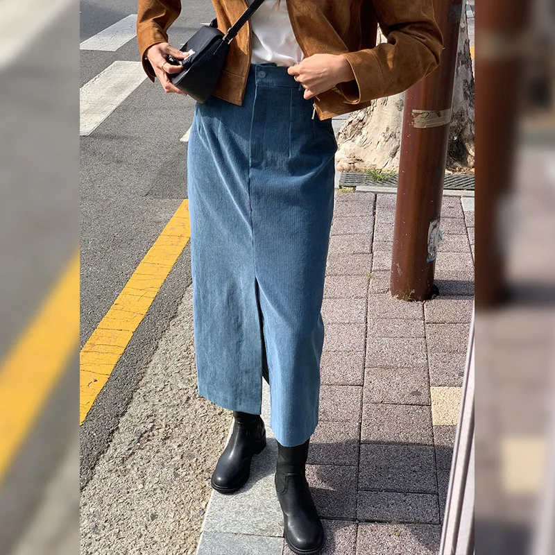 Vintage 100% Cotton Corduroy Skirst For Women Autumn And Winter High Wasit Hip Split Long Casual Straight Harajuku Flared Skirt