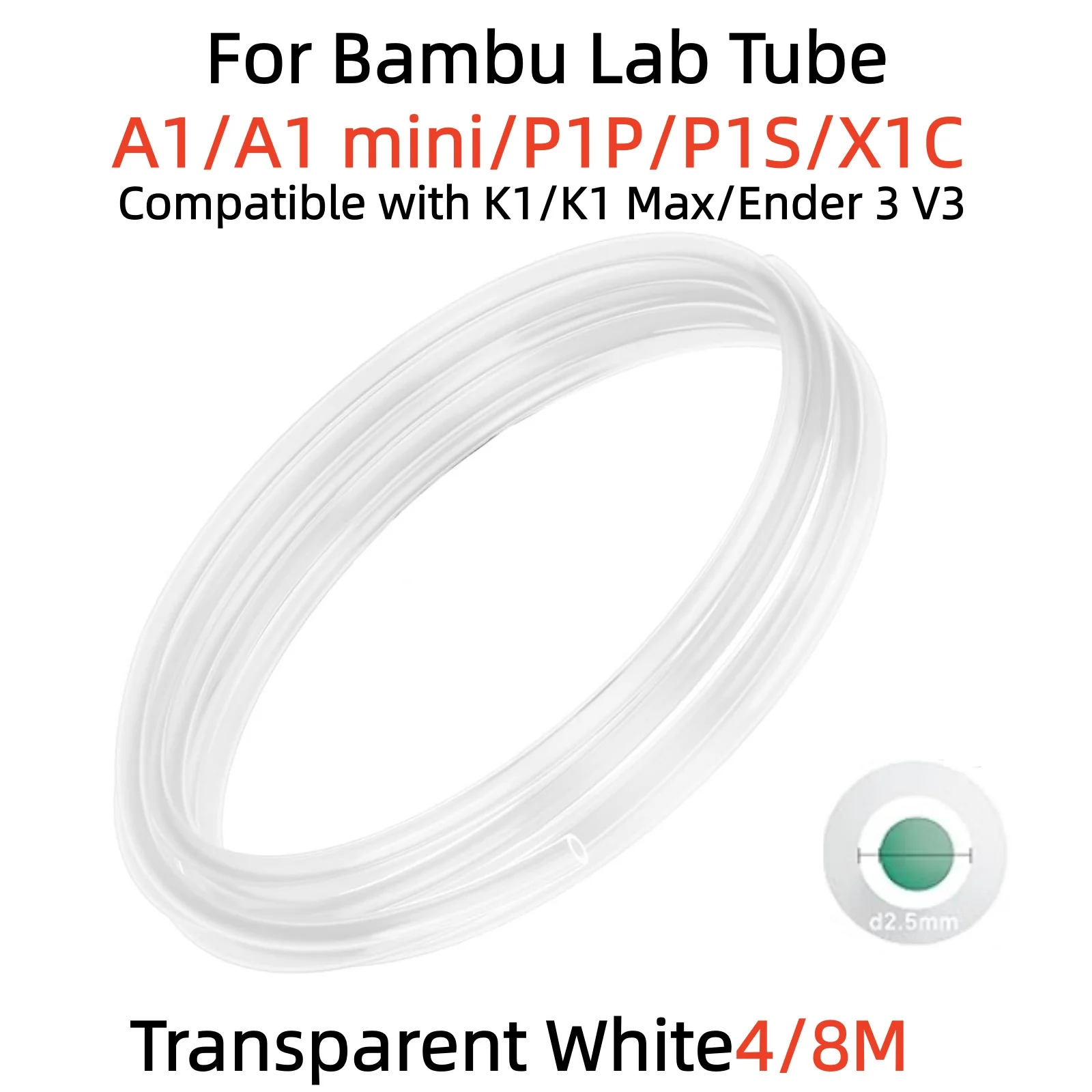 バンブーラボ PTFEチューブ P1P AMS A1 ミニ3Dプリンター テフロンパイプ 1.75mm バンブーラボ PTFEチューブ 4/8m 透明ホワイト AMS LITE用