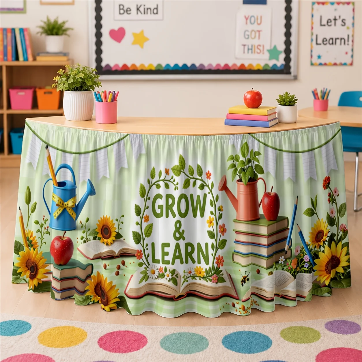 A table skirt, growing and learning printed table skirt, plant education theme, bright floral decoration