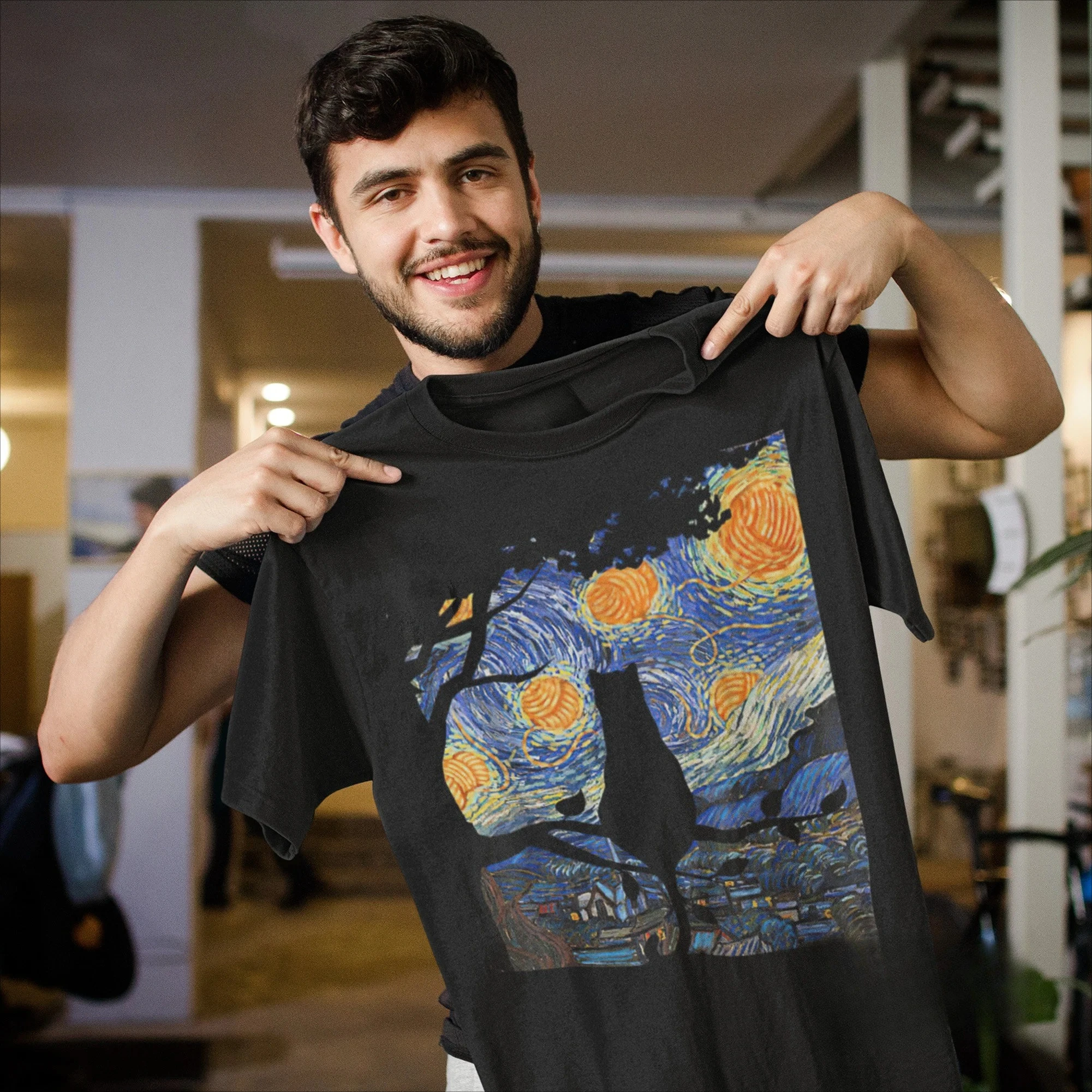 Camiseta Cat T Starry Night Cat, camiseta Gif de gato de Van Gogh camisa de gato negro camisa de Van Gogh camisa de gato