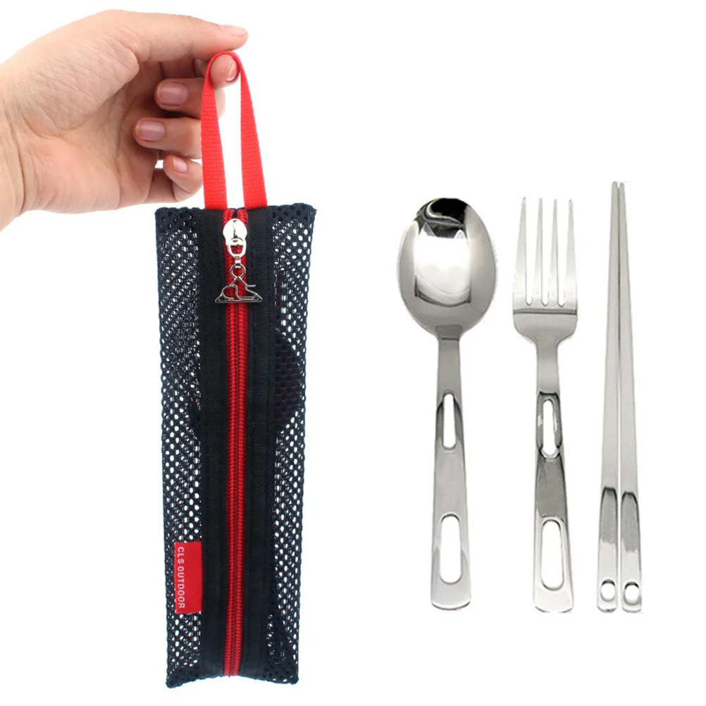 

3Pcs Portable Stainless Steel Cutlery Set Black Storage Bag Durable Flatware Suit for Travel Picnic Office Camping