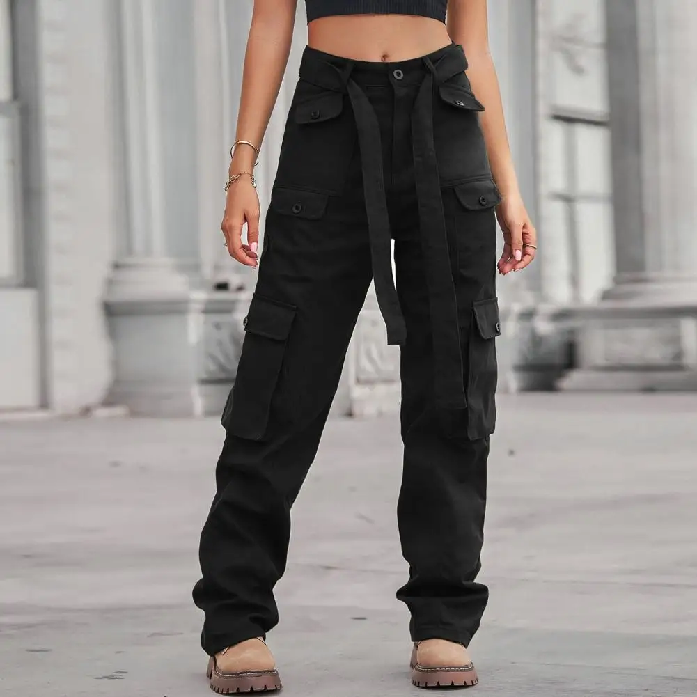 

Adjustable Straight Leg Cargo Pants Pocket Solid Women's Street Retro Loose Overalls Couple Casual Pants Women