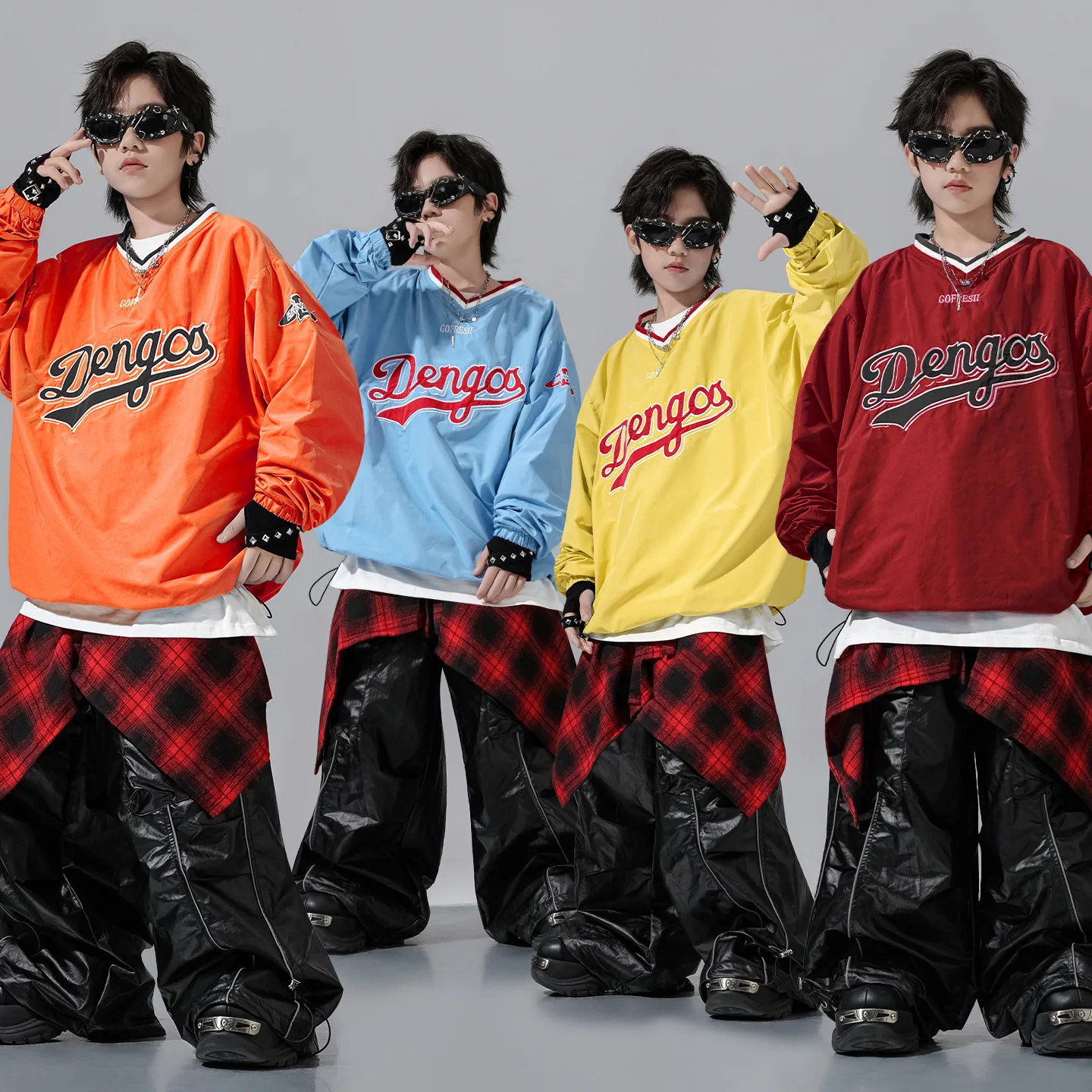 Children Boys Girls Streetwear Hiphop Loose Long Sleeve Baseball T Shirts Leather Pants Skirt Sets Kids Tracksuits Stage Clothes
