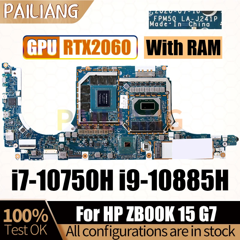 For HP ZB00K 15 G7 Notebook Mainboard LA-J241P i7-10750H i9-10885H RTX2060 With RAM Laptop Motherboard Full Tested