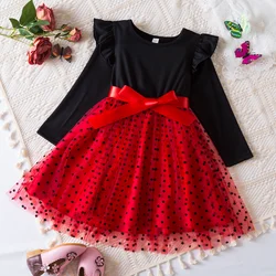 Kids Girl Dress for Long Sleeve Princess Dresses Mesh Patchwork Dress New Autumn Winter Kid Red Christmas Dresses for Girls 3-8Y