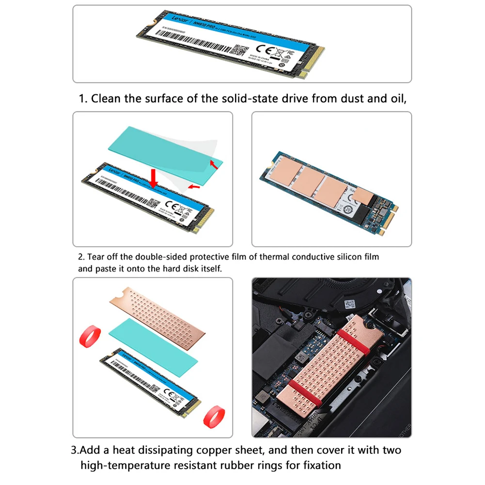 Radiador cooler ssd de cobre com almofada térmica de silicone ssd, dissipador de calor para laptop e desktop 0.8mm/1mm/2mm para m.2 2280 ssd