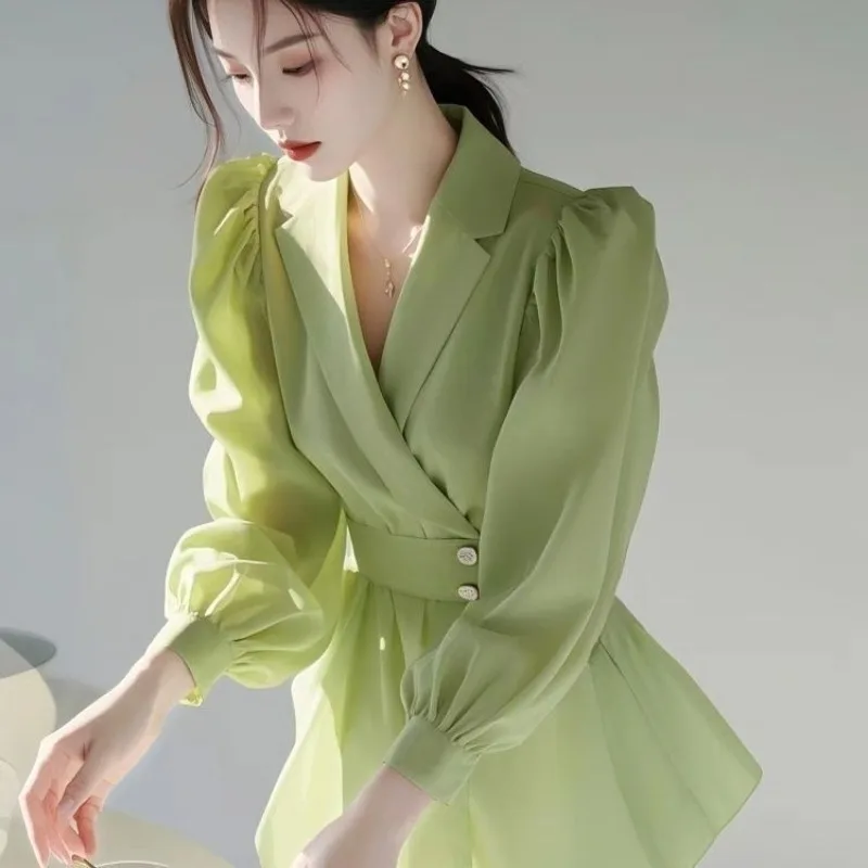 숙녀 패션 느슨한 봄 솔리드 컬러 턴 다운 칼라 긴 소매 여성 셔츠 우아한 트렌드 기질 버튼 탑