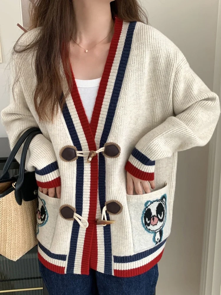 Korean Knitted Cardigan Women Casual Loose Sweater Autumn Vintage Harajuku V-neck Sweater Lady Fashion Colorblock Knit Cardigan