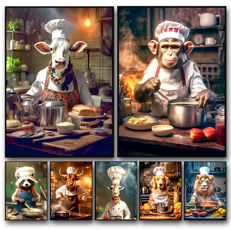 Modern Animal Chef Poster Monkey Raccoon Lion Bull Cooking Kitchen Canvas Painting Print Wall Art Picture Kitchen Home Decor