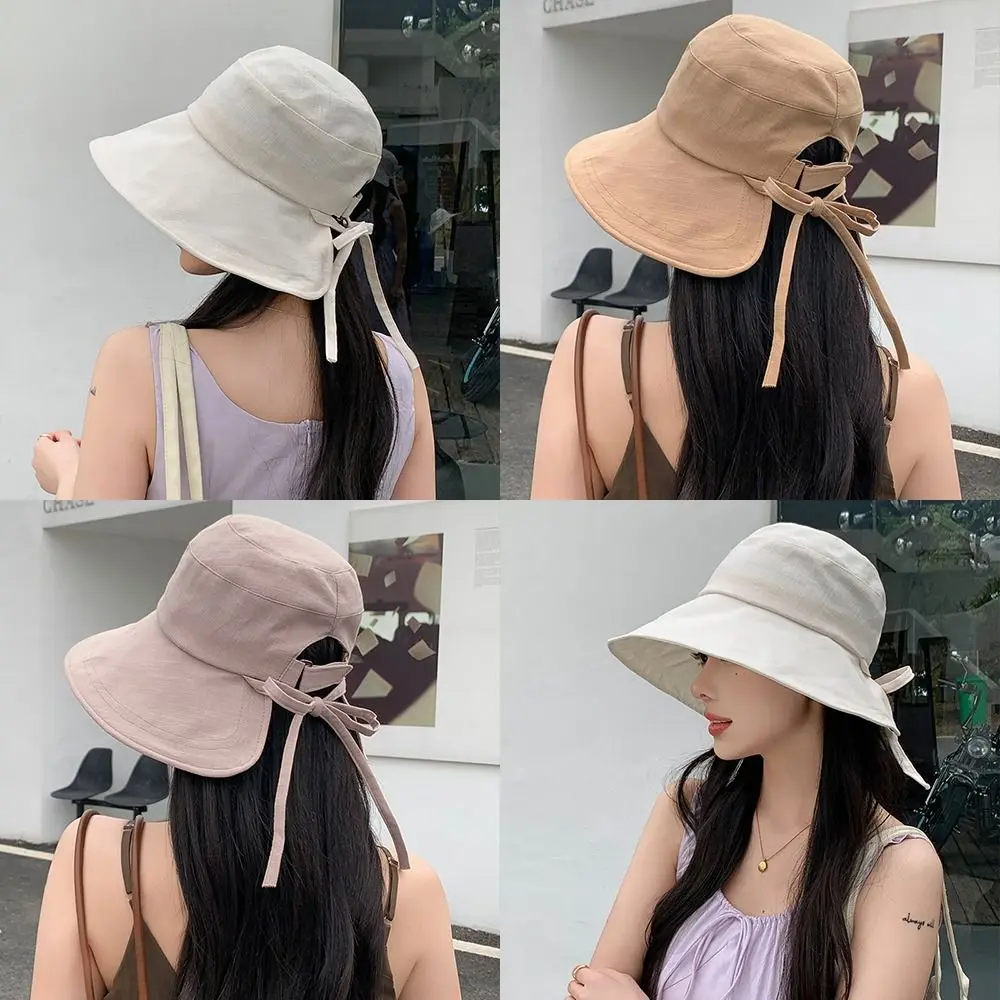 

Fashion Solid Color Women's Bucket Hat Bow Wide Brim Sun Hat UV Protection Cotton Fisherman Hat Outdoor