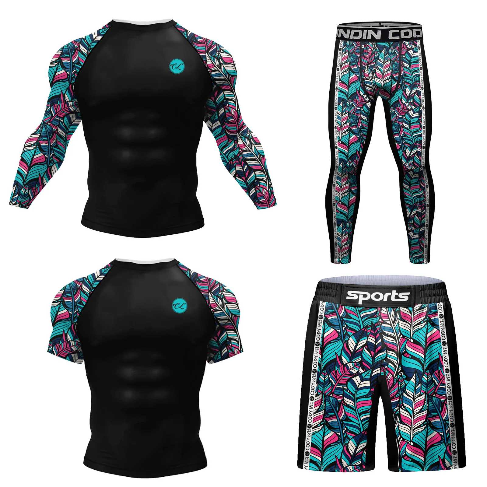 4 Pieces Cody Lundin Skeletal Print Skull Punk jiu jitsu Grappling Rashguard Sets Men Running Gym Tracksuit Compression MMA kits