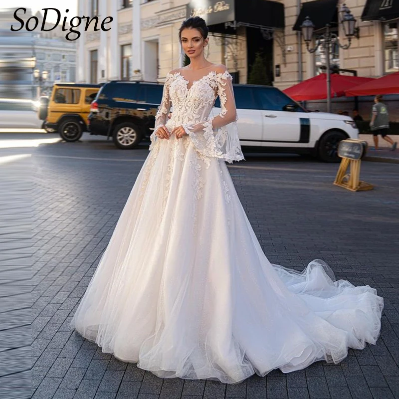 

SoDigne A-line Tulle Wedding Dresses Flare Sleeves O-neck Lace Appliques Bridal Dress Boho Long Bride Gown vestidos de novia ﻿