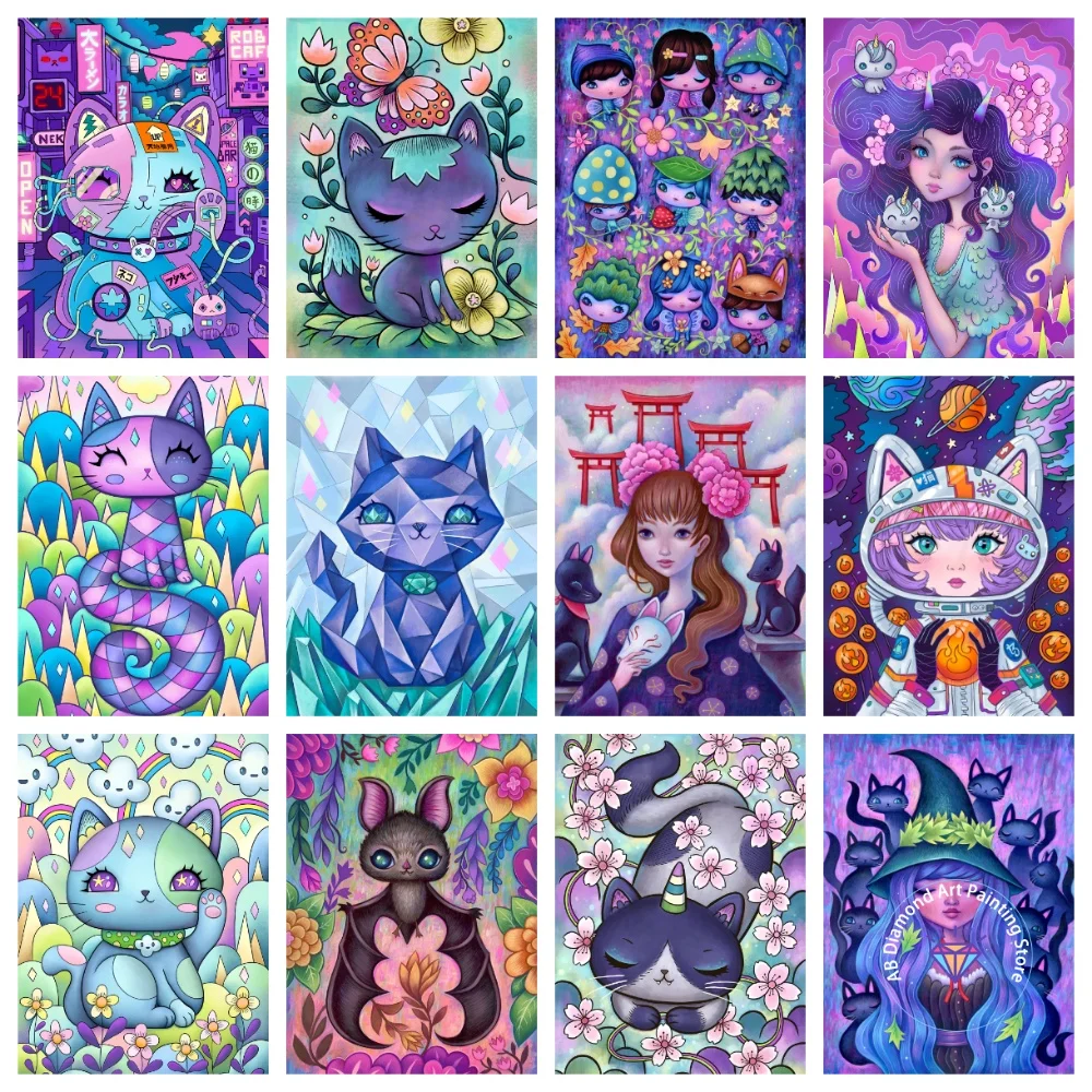 

Animal Cat Fantasy Cartoon Girl AB Diamond Painting Kit Square Round Diamond 5D DIY Mosaic Handmade Art Adult Gift Home Decor