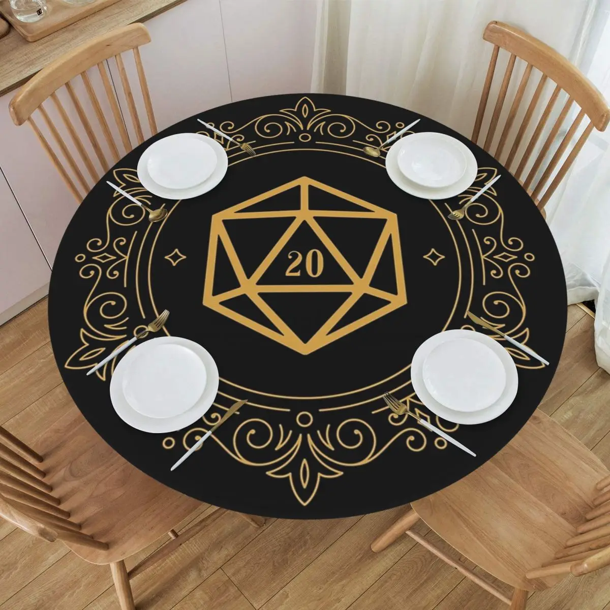 Polyhedral D20 Dice Monogram Bronze Tabletop RPG Waterproof Round Tablecloth Table Cloth for Kitchen Events Dining Table Cover