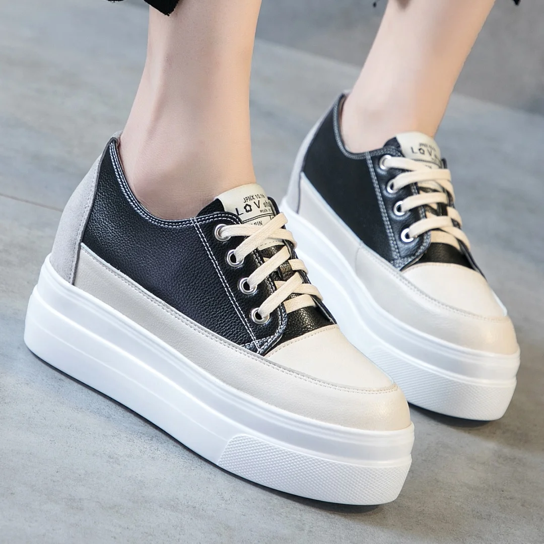 

Women's genuine leather mix color lace-up thick sole platform flats sneakers leisure soft comfortable casual four season shoes