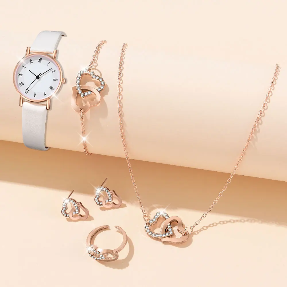 6pcs/set Women's Watch Casual Round Pointer Quartz Watch Analog PU Leather Wristwatch & Jewelry Set Gift For Friends