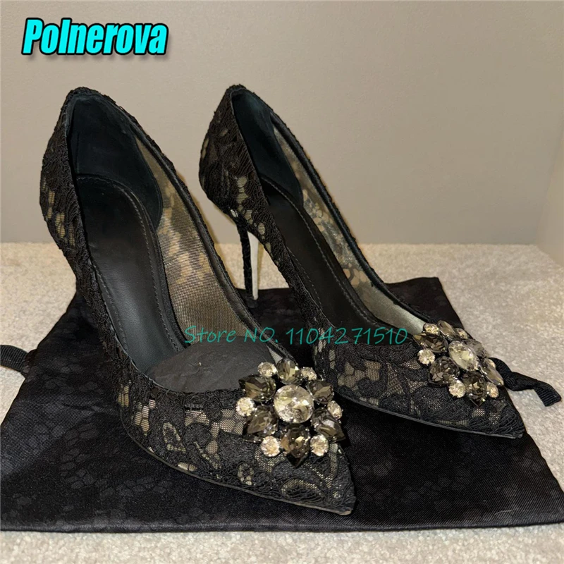 

Mesh Lace Crystal 9CM High Heels for Women Sexy Solid Pointed Toe Stiletto Pumps Summer Breathable Banquet Party Wedding Shoes