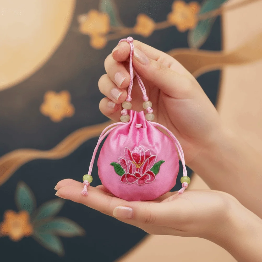 Lotus Embroidery Embroidered Sachet Silk Satin Drawstring Closure Lotus Drawstring Bag Mini Size Vintage Style