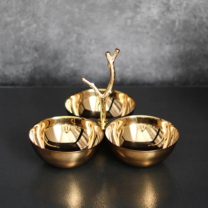 

Металлическое золотое блюдо с фруктами из нержавеющей стали, трехсекционная тарелка для закусок, палочка, миска для конфет, настольный контейнер для хранения