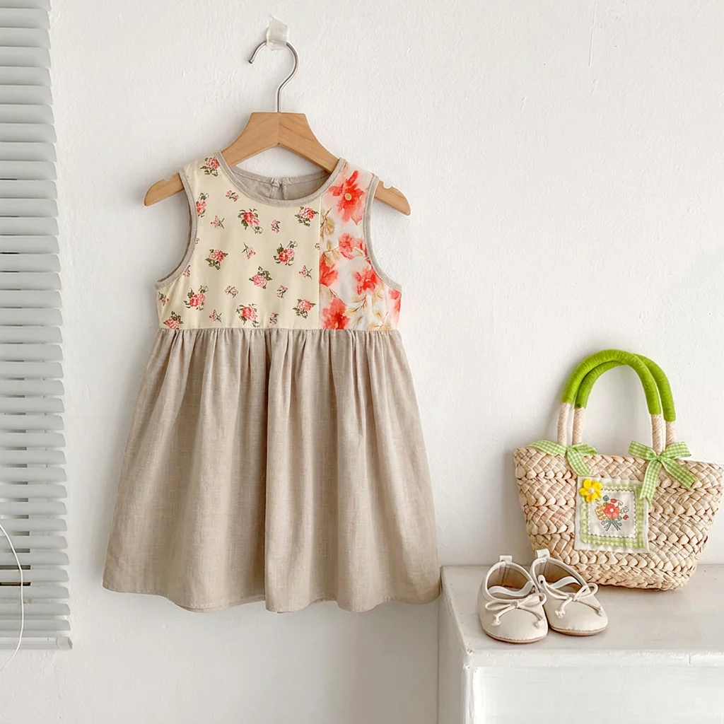 Summer Promotion Round Neck Sleeveless Floral Print Casual Dress for Girls Aged 3-7 for Daily Wear