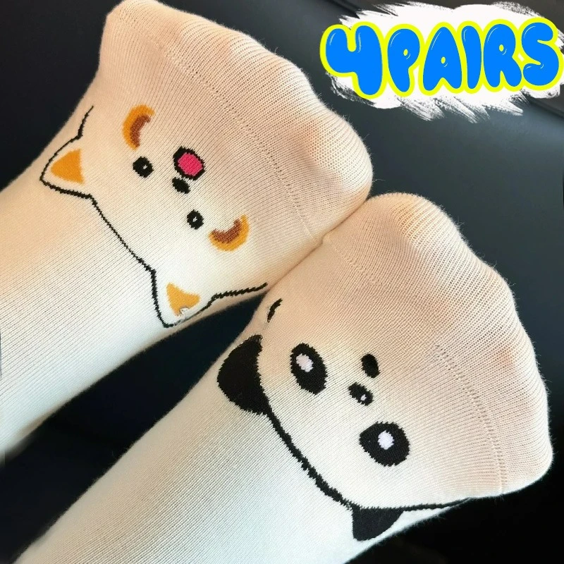 

1/4 пары забавных носков с принтом кота и панды для мужчин и женщин, модные носки с мультяшным кавайным животным узором, средней длины, носки с принтом кошки для девочек