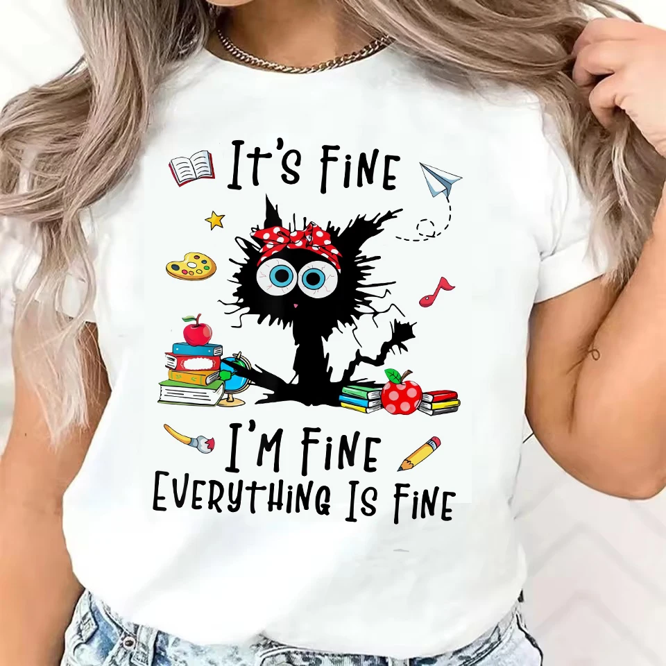 

Fashion I Am Fine Sarcastic Cat Print Short Sleeve Printed T Shirt Clothing Women's T-Shirt Clothing Female Top Tee Graphic Y2K