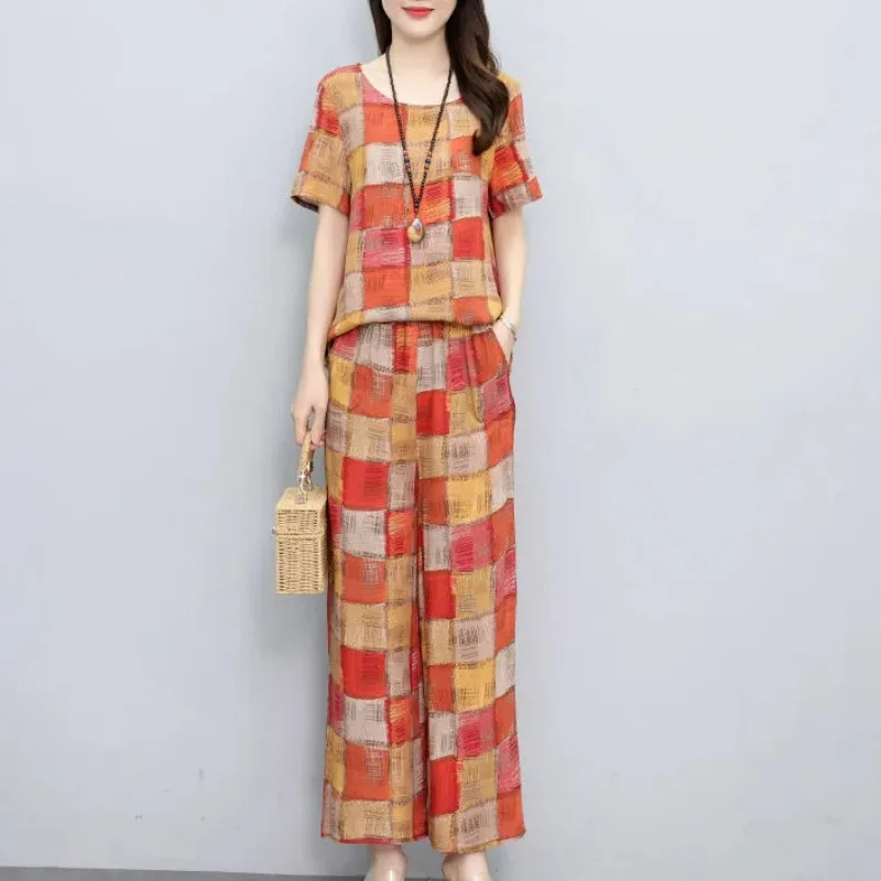 2-delige sets vrouw outfit zomer vintage elegante geruite o-hals korte mouw blouse dames hoge taille losse casual rechte broek