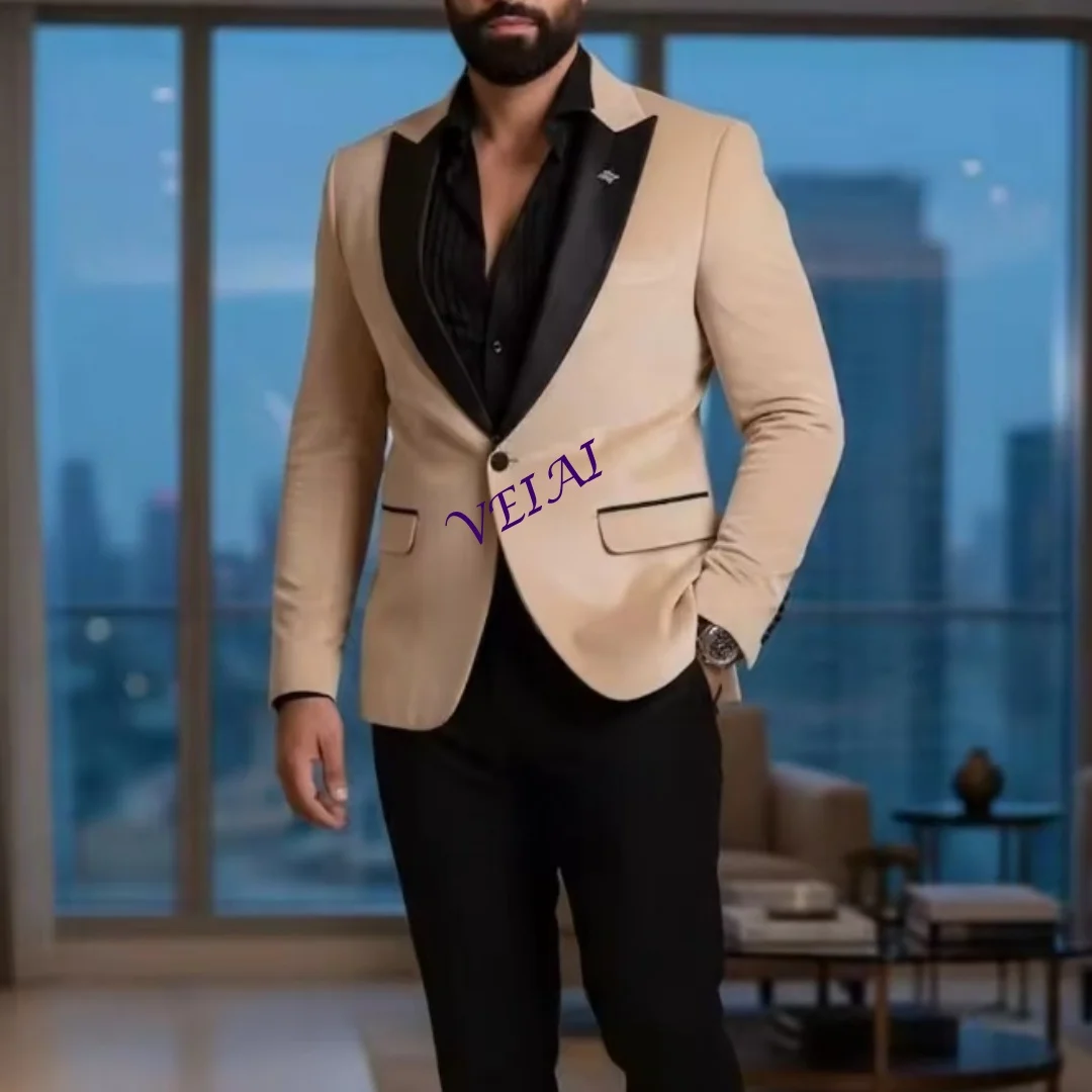 

Новые бежевые и черные мужские формальные смокинги для жениха, жениха, свадебной вечеринки, выпускного вечера, мужской деловой костюм, комплект из 2 предметов, пиджак, брюки