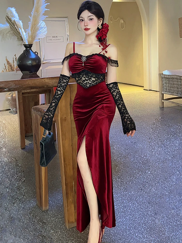 Feminino vermelho veludo retalhos renda preta oco para fora vestido sexy outono inverno elegante vestido de luxo 2025 coreano vintage bodycon vestido