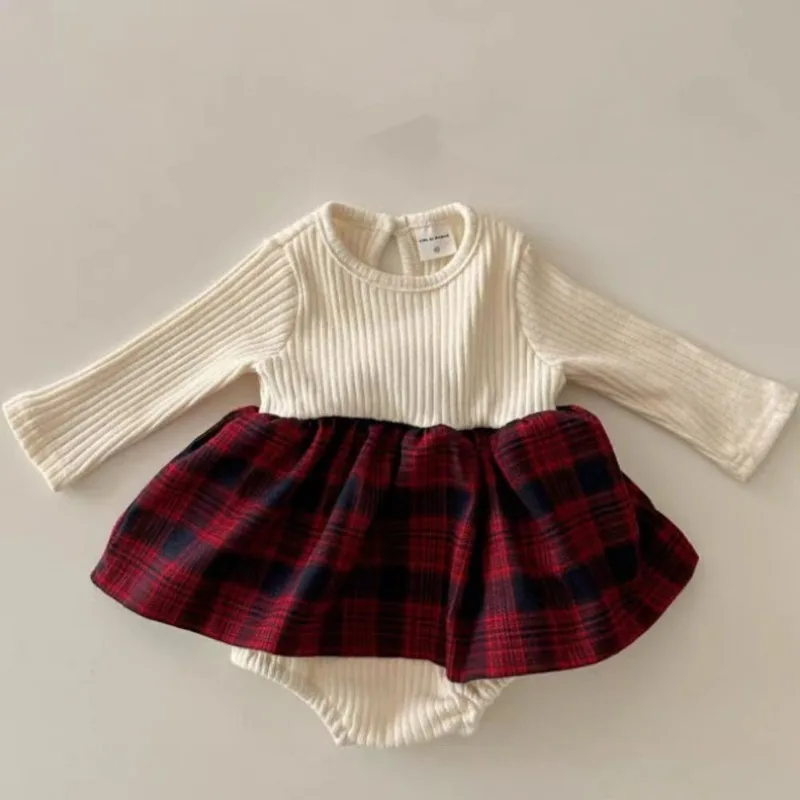 ربيع 2026 طفل الفتيات شبكة الربط القطن العضوي الفتيات المرقعة فستان الثلاثي قطعة واحدة فستان طويل الأكمام السروال القصير